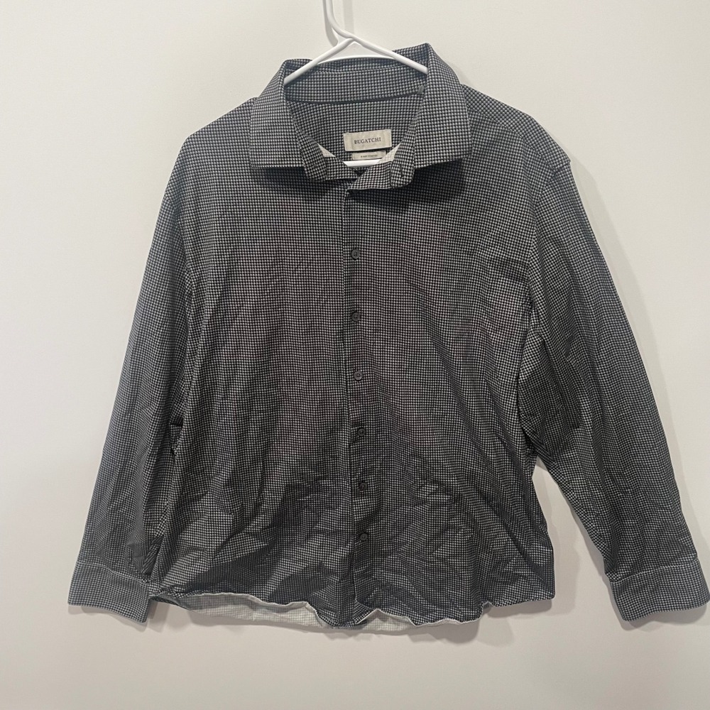 Bugatchi Mens 8-Way Stretch Button Down Shirt XL‎ Grey Geometric Long Sleeve